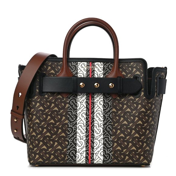 BURBERRY E Canvas Monogram Stripe Small Belt Tote Brown Handbag Bag 8019351 New - Picture 1 of 11